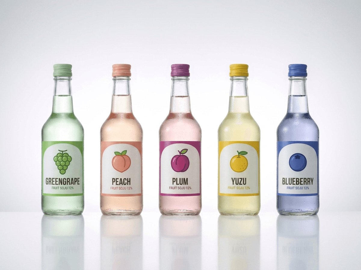 Five flavor lineup of clear 360/375ml fruit soju bottles