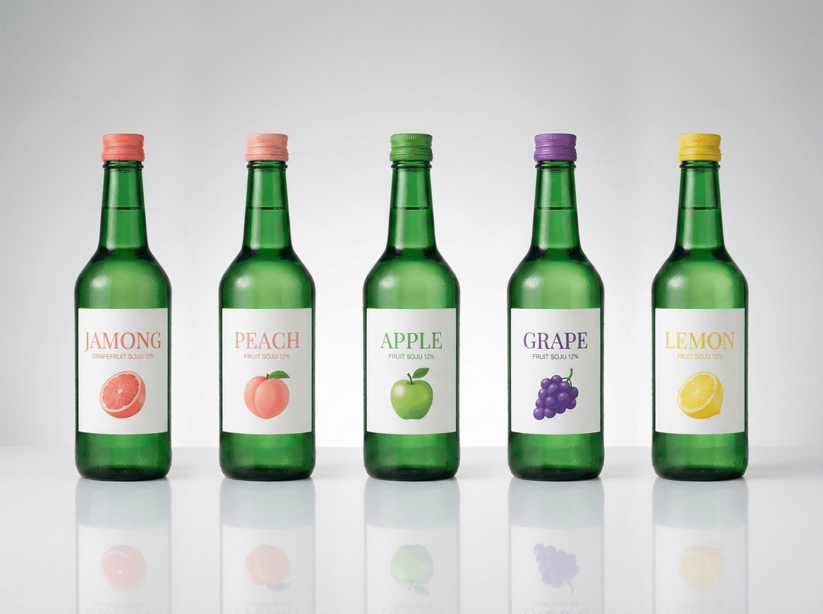 Five flavor lineup of green 360/375ml fruit soju bottles