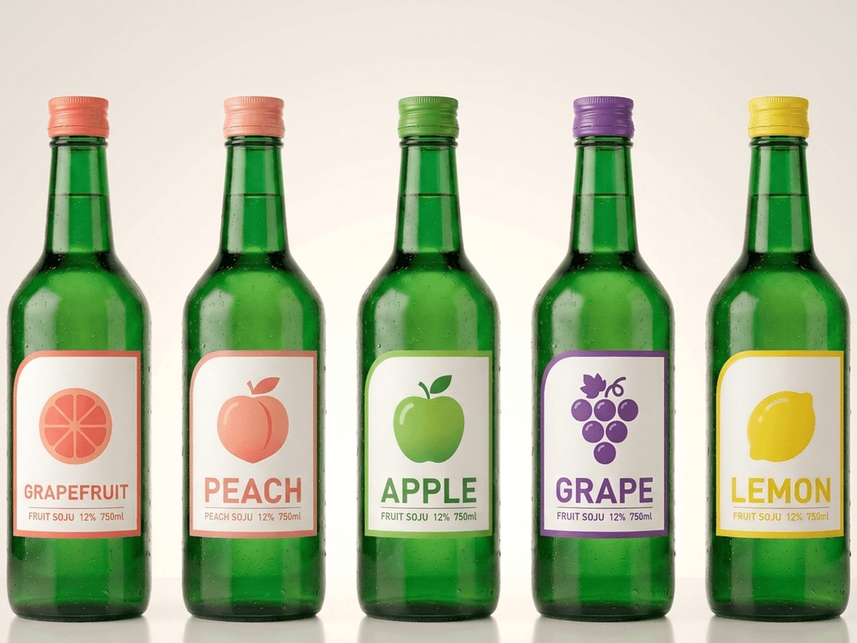 Large-format 750ml green fruit soju bottle lineup