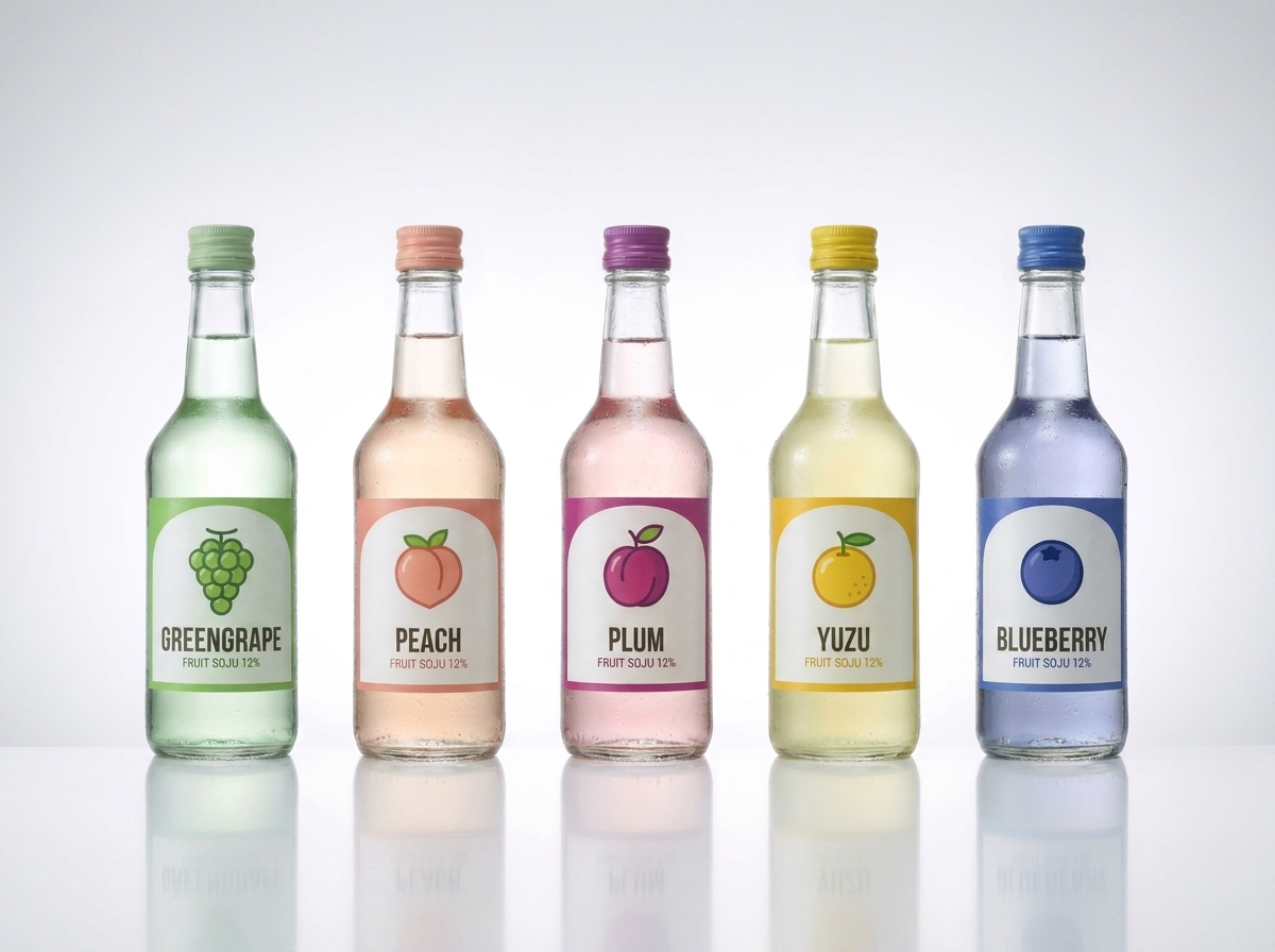 Five flavor lineup of clear 360/375ml fruit soju bottles